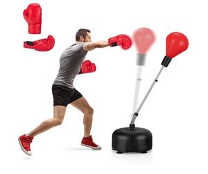 GYMAX Punching Ball with Adjustable Height Stand, Freestanding Boxing Ball with Boxing Gloves and 6 Suction Cup Base, Inflation-Free Punching Bag for Children & Teenagers & Adults (Red)