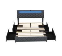 Gymax Queen Bed Frame With LED Lights Charging Station 4 Drawers Upholstered in Grey Gymax Grey