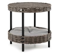 GYMAX Rattan Cat Nest, 2-tier Wicker Elevated Cats House with Washable Soft Cushion, Indoor Outdoor Kitten Bed Footstool Side Table, 38 x 38 x 38 cm