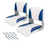 GYMAX Set of 2 Deluxe Folding Boat Seats, Faux Leather Low Back Captain Chairs with Metal Hinges, Ergonomic Seating for Fishing Boats & Yachts(Blue+White, 46 x 49 x 48cm)