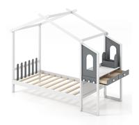 Gymax Single House Bed Frame with Desk Kids Bed with Roof Canopy & 2 Drawers in White Gymax White