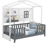 Gymax Single House Shaped Bed Frame With 2 Shelves & Guardrails Montessori Bed in Grey Gymax Grey Single
