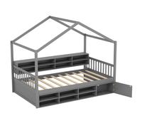 Gymax Single Size House Bed With Roof Kids Bed Frame With Storage Cubes in Dark Grey Gymax Dark Grey Single