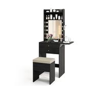 Gymax Small Makeup Vanity Desk Dressing Table Set With Lights Storage Stool in Black Gymax Black