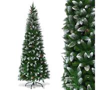 GYMAX Snow Flocked Pencil Christmas Tree, 5FT/6FT/7.5FT Slim Christmas Tree with Pine Cones and Metal Stand, Hinged Xmas Tree Holiday Decoration for Home, Office, Shops & Hotels