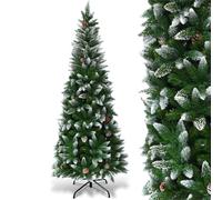 GYMAX Snow Flocked Pencil Christmas Tree, 5FT/6FT/7.5FT Slim Christmas Tree with Pine Cones and Metal Stand, Hinged Xmas Tree Holiday Decoration for Home, Office, Shops & Hotels