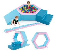 GYMAX Soft Play Equipment, 3 Pieces Kids Activity Set with Ball Pit, Baby Soft Foam Blocks Interactive Toy Foam Climbing Block Play Set for Toddlers (Blue+Pink)