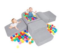 GYMAX Soft Play Equipment, 5 Pieces Baby Climb and Crawl Playset with Ball Pit, Interactive Toy Foam Climbing Block Play Set for Toddlers (Gray)