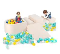 GYMAX Soft Play Equipment, 5 Pieces Kids Activity Set with Ball Pit, Baby Soft Foam Blocks Interactive Toy Foam Climbing Block Play Set for Toddlers (Beige)