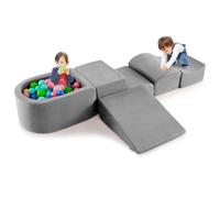 GYMAX Soft Play Equipment, 5 Pieces Kids Activity Set with Ball Pit, Baby Soft Foam Blocks Interactive Toy Foam Climbing Block Play Set for Toddlers (Gray)