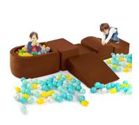 GYMAX Soft Play Equipment, 5 Pieces Kids Activity Set with Ball Pit, Baby Soft Foam Blocks Interactive Toy Foam Climbing Block Play Set for Toddlers (Coffee)