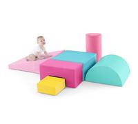 GYMAX Soft Play Equipment, 6-Piece Kids Activity Set, Baby Soft Foam Blocks Interactive Toy for Climbing, Sliding & Crawling (Pink)
