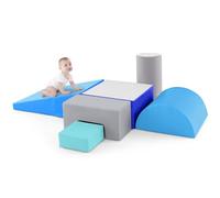 GYMAX Soft Play Equipment, 6-Piece Kids Activity Set, Baby Soft Foam Blocks Interactive Toy for Climbing, Sliding & Crawling (Gray+Blue)