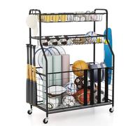 GYMAX Sports Equipment Organizer, Ball Storage Rack with Wheels, Detachable Hooks, Elastic Straps, Basketball Football Gear Holder, Indoor Outdoor Storage Cart