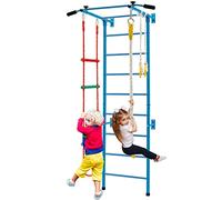 GYMAX Swedish Ladder Wall Set, 5 in 1 Gymnastics Wall Bar with Pull-Up Bar, Rope Ladder, Gymnastic Rings & Rope, Indoor Kids Climbing Wall for Children Age 3+ Years Old (Blue)