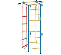 GYMAX Swedish Ladder Wall Set, 5 in 1 Gymnastics Wall Bar with Pull-Up Bar, Rope Ladder, Gymnastic Rings & Rope, Indoor Kids Climbing Wall for Children Age 3+ Years Old (Yellow+Blue)