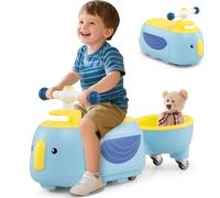 GYMAX Toddler Ride on Car, Kids Sit on Toy with Trailer, Under Seat Storage, Lights & Music, Outdoor Indoor Foot to Floor Sliding Car for 12+ Months Old (Blue + Yellow)