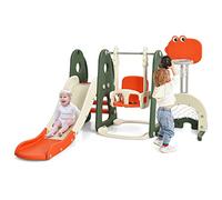 GYMAX Toddler Swing and Slide Set, 6 in 1 Children Climber and Swing Set with Height Adjustable Basketball Hoop, Football Gate and Golf Hole, Kids Playground Activity Centre for Indoor Outdoor