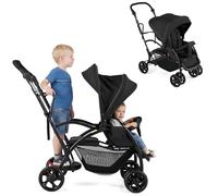 GYMAX Twin Tandem Baby Stroller, Foldable Sit & Stand Double Pushchair with Adjustable Handle Bar, Backrests, Footrest, Canopies, 5-Point Harness and Storage Basket, Convertible Buggy Pram for Toddler