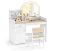 Gymax Vanity Table & Chair Set Makeup Playset with Shelves & LED Light in Light Khaki Gymax Light Khaki