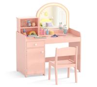 Gymax Vanity Table & Chair Set Makeup Playset with Shelves & LED Light in Peach Gymax Peach
