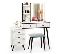 Gymax Vanity Table Set Dressing Table & Stool With 3-Color Lighted Mirror in White Gymax White