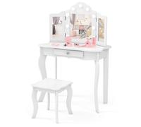 Gymax Vanity Table Stool Set Princess Makeup Desk With Lighted Folded Mirror in White Gymax White