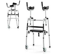 GYMAX Walking Frame, Folding Standard Walker with Wheels, Arm Supports and Soft Padded Seat, Height Adjustable Assisted Walking Aid (Silver + Black)