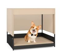 GYMAX Wicker Pet House for Small to Medium Dogs, Raised Rattan Dog Sofa Bed with Removable Cushion, Canopy Roof and Elevated Floor, Indoor Outdoor Puppy Shelter for Living Room, Yard, Garden