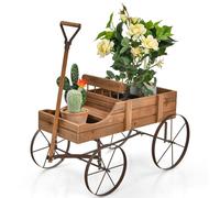 Gymax Wood Wagon Flower Planter Backyard Decorative Pot Stand With Wheels in Brown Gymax Brown