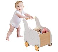GYMAX Wooden Baby Learning Walker, 2-in-1 Stand Baby Walker with Large Toy Storage Chest and 4 Wheels, Push Along Toy for Infant Toddler (White)