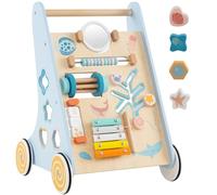 GYMAX Wooden Baby Walker, All-in-One Toddler First Step Activity Interactive Push Along Toy with Handle & Smooth Rubber Wheels, Sit-to-Stand Learning Walker for Girls & Boys (Ocean)