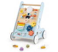 GYMAX Wooden Baby Walker, All-in-One Toddler First Step Activity Interactive Push Along Toy with Handle & Smooth Rubber Wheels, Sit-to-Stand Learning Walker for Girls & Boys (Blue)