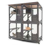 GYMAX Wooden Cat House, 182 cm Tall Large Outdoor Cat Enclosure on Wheels with Resting Boxes, Jumping Platforms, Doors and Weatherproof Asphalt Roof, Indoor Cat Cage Playpen