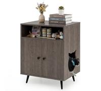 GYMAX Wooden Cat Litter Box Enclosure, Hidden Kitty Washroom Storage Cabinet Nightstand Side Table with 2 Doors and Open Compartment, Cat House Pet Crate for Living Room & Bedroom (Gray)