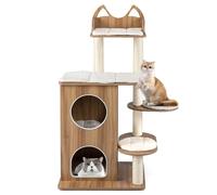 GYMAX Wooden Cat Tree, 122cm Tall Indoor Cat Tower with 2-floor Condo, Cute Top Perch, Sisal Scratching Posts and Platforms with Cushions, Kitten Activity Center for Climbing, Scratching & Sleeping