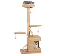 GYMAX Wooden Cat Tree, 129cm Tall Tower With Condo, Plush Top Perch, Jumping Platforms, Dangling Balls, Multi-level Play Activity Center Furniture for Living Room Bedroom