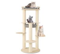 GYMAX Wooden Cat Tree, 150cm Cat Climbing Tower with Top Padded Perch, Hammock, 3 Platforms & Sisal Scratching Posts, Multi-level Large Play Center for Indoor Cats Kittens