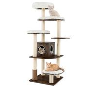 GYMAX Wooden Cat Tree, Tall Indoor Plush Cat Tower with Private Condo, Full Sisal Posts & Massage Comb, Modern Kitten Activity Center for Climbing, Scratching & Sleeping