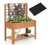 Gymax Wooden Elevated Planter Box With Trellis Raised Garden Bed & Shelf in Brown Gymax Brown