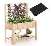 Gymax Wooden Elevated Planter Box With Trellis Raised Garden Bed & Shelf in Light Khaki Gymax Light Khaki