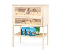 GYMAX Wooden Hamster Cage, 3-Tier Fir Wood Mouse Habitat Cage with Mesh Flip Roof, Multi-Ladder Areas, Acrylic Panel, Lockable Door, Exercise Play House for Small Animals, 60 x 40 x 80 cm