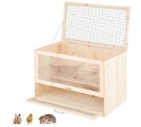 GYMAX Wooden Hamster Cage, Fir Wood Mouse Habitat Cage with Mesh Flip Roof, Multi-Ladder Areas, Acrylic Panel, Lockable Door, Exercise Play House for Small Animals, 60 x 35 x 42cm