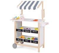 GYMAX Wooden Ice Cream Cart, Kids Pretend Play Grocery Store with 2 Wheels, Display Shelves, Scale, Bell & 6 Simulated Ice Creams, Dessert Toy Shop for 3 Year Old + Girls Boys (Gray Striped Canopy)