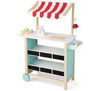 GYMAX Wooden Ice Cream Cart, Kids Pretend Play Grocery Store with 2 Wheels, Display Shelves, Scale, Bell & 6 Simulated Ice Creams, Dessert Toy Shop for 3 Year Old + Girls Boys (Red Striped Canopy)