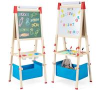 GYMAX Wooden Kids Easel, 3 in 1 Height Adjustable Art Easel with Whiteboard & Chalkboard, Paper Roll, Tool Tray, Storage Bag and Painting Accessories, Double Sided Drawing Easels for Toddlers