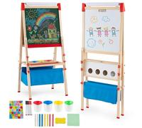 GYMAX Wooden Kids Easel, 3 in 1 Height Adjustable Art Easel with Whiteboard & Chalkboard, Paper Roll, Tool Tray, Storage Bag and Accessories, Double Sided Drawing Easels for Toddlers (120-145cm)