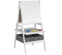GYMAX Wooden Kids Easel, Double Sided Painting Easel with Whiteboard, Chalkboard, Paper Roll, Storage Trays, 3 Paint Cups & 2 Fabric Drawers, Children Drawing Board Stand for 3-6 Years Old (White)
