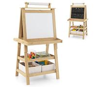 GYMAX Wooden Kids Easel, Double Sided Whiteboard & Chalkboard Painting Easel with Paper Roll, 2 Storage Boxes and 2 Pigment Cups, Art Drawing Board Stand for Children (Natural)