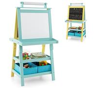 GYMAX Wooden Kids Easel, Double Sided Whiteboard & Chalkboard Painting Easel with Paper Roll, 2 Storage Boxes and 2 Pigment Cups, Art Drawing Board Stand for Children (Sky Blue + Yellow)